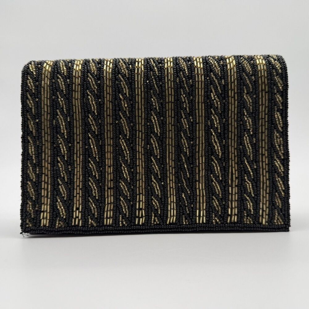 Talbots Beaded Small Black & Gold Clutch Bag 5 x 7.5 Formal Wedding - Picture 2 of 9